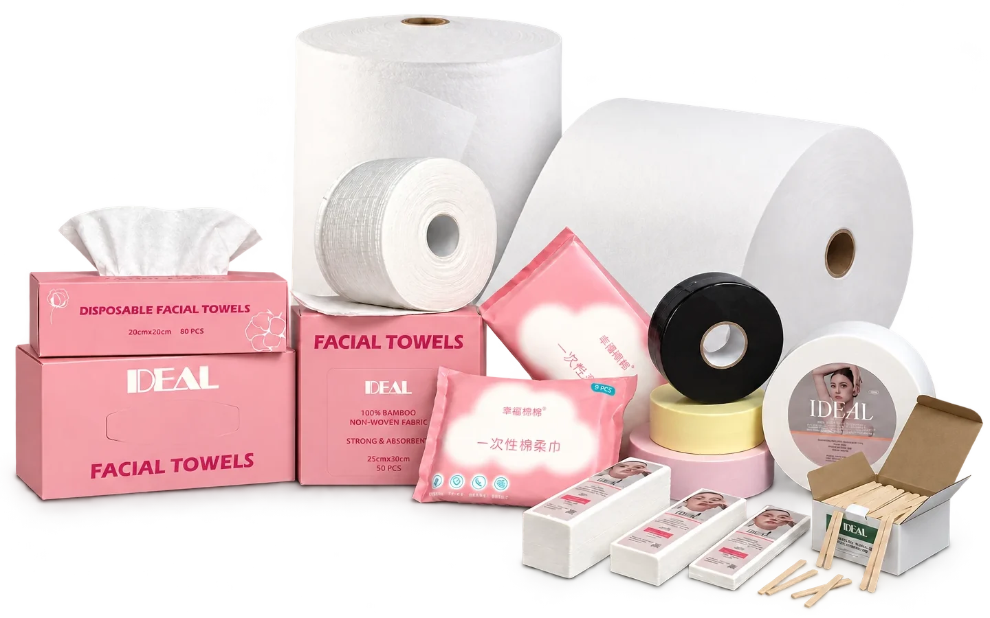 IDEAL disposable facial towels, nonwoven fabric rolls, waxing strips, and wooden applicators arranged in a product display.